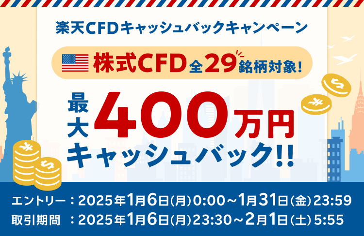 株式CFD全29銘柄対象！最大400万円！楽天CFDキャッシュバックキャンペーン