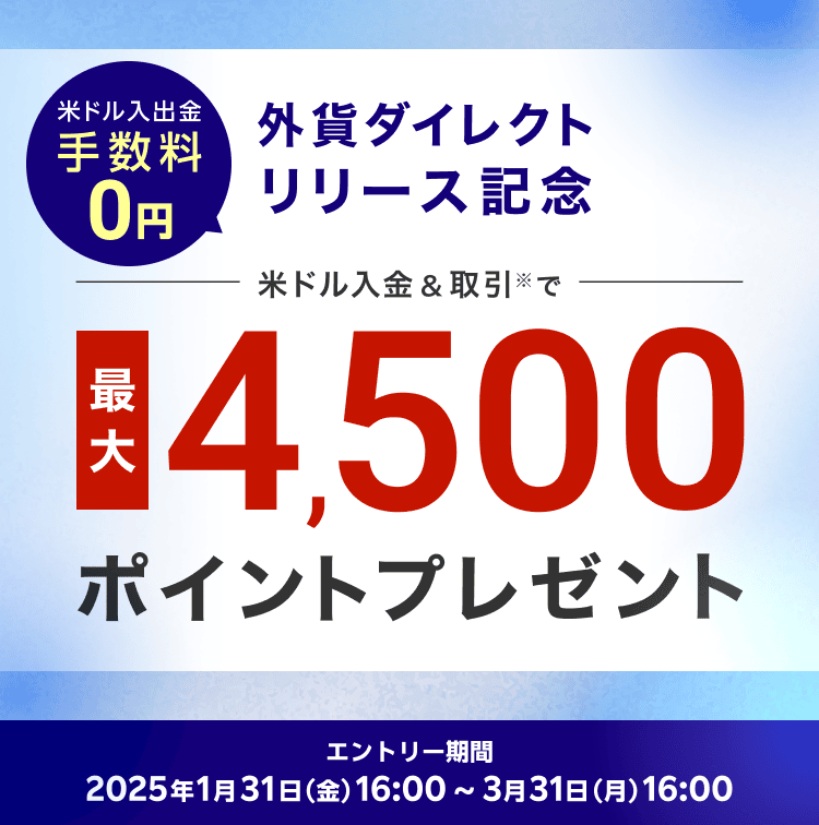 外貨ダイレクトリリース記念！米ドル入金＆取引で最大4,500ポイントプレゼント