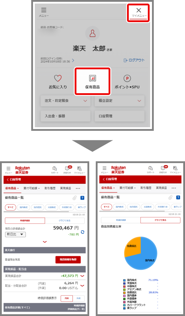 マイページにログイン→「マイメニュー」→「保有商品」をタップ