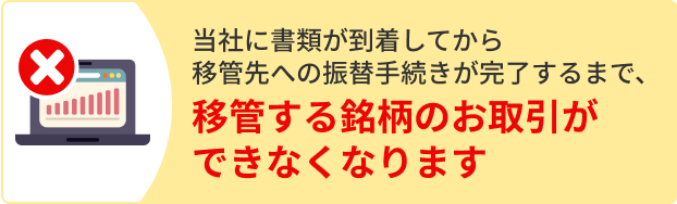 当社に書類が到着してから移管先への振替手続きが完了するまで、移管する銘柄のお取引ができなくなります