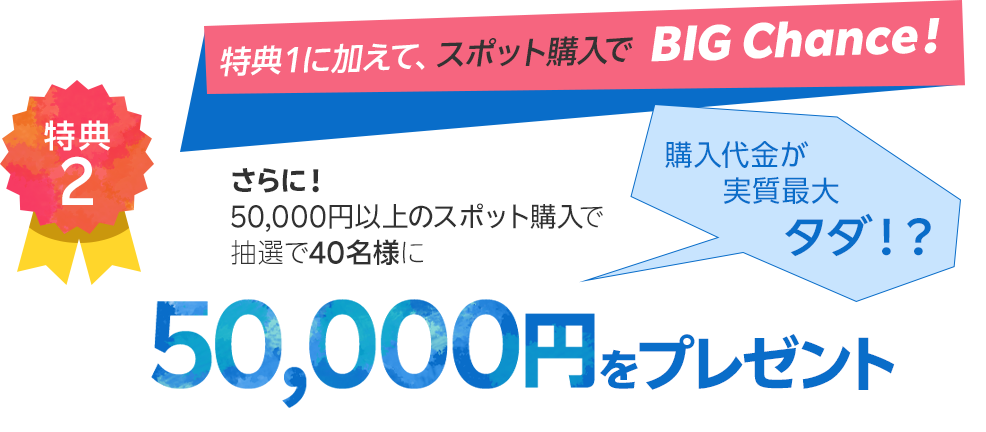 特典2：特典1に加えて、スポット購入でBIG Chance！購入代金が実質最大タダ！？ さらに50,000円以上のスポット購入で抽選で40名様に50,000円をプレゼント