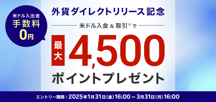 外貨ダイレクトリリース記念！米ドル入金＆取引で最大4,500ポイントプレゼント