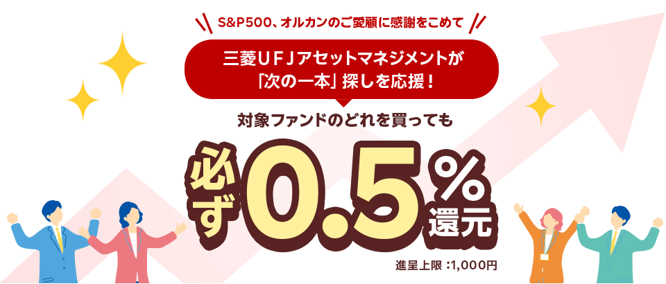 S&P500、オルカンのご愛顧に感謝をこめて 三菱ＵＦＪアセットマネジメントが「次の一本」探しを応援! 対象ファンドのどれを買っても 必ず0.5%還元 進呈上限:1,000円