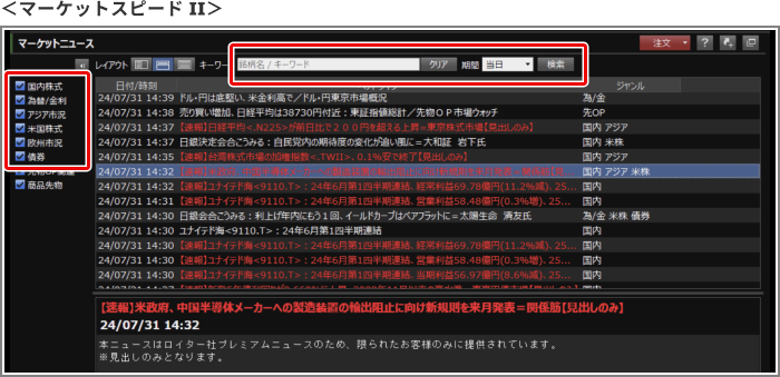マーケットスピード IIのプレミアムニュースの閲覧方法キャプチャ