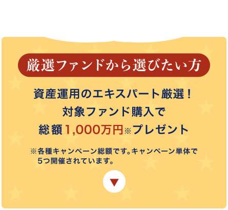 厳選ファンドから選びたい方 資産運用のエキスパート厳選！対象ファンド購入で総額1,000万円※プレゼント ※各種キャンペーン総額です。キャンペーン単体で5つ開催されています。