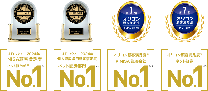 J.D.パワー2024年NISA顧客満足度ネット証券部門No.1※1 J.D.パワー2024年個人資産運用顧客満足度ネット証券部門No.1※2 オリコン顧客満足度®新NISA 証券会社 No.1※3 オリコン顧客満足度®ネット証券No.1※3