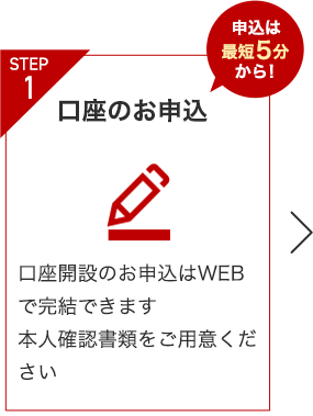 STEP1 口座のお申込 申込は最短5分から！ 口座開設のお申込はWEBで完結できます 本人確認書類をご用意ください