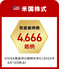 米国株式取扱銘柄数4,666銘柄※NISA取扱外の銘柄を含む（2024年4月19日時点）