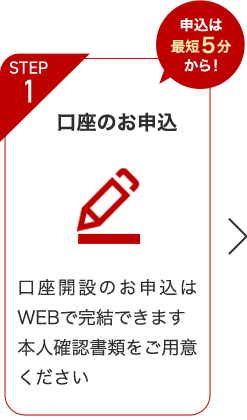 STEP1 申込は最短5分から！ 口座のお申込 口座開設のお申込はWEBで完結できます 本人確認書類をご用意ください