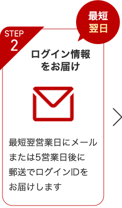 STEP2 最短翌日 ログイン情報をお届け 最短翌営業日にメール、または5営業日後に郵送でログインIDをお届けします