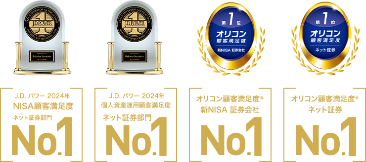 J.D.パワー2024年NISA顧客満足度ネット証券部門No.1※1 J.D.パワー2024年個人資産運用顧客満足度ネット証券部門No.1※2 オリコン顧客満足度®新NISA 証券会社 No.1※3 オリコン顧客満足度®ネット証券No.1※3