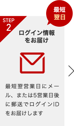 STEP2 最短翌日 ログイン情報をお届け 最短翌営業日にメール、または5営業日後に郵送でログインIDをお届けします