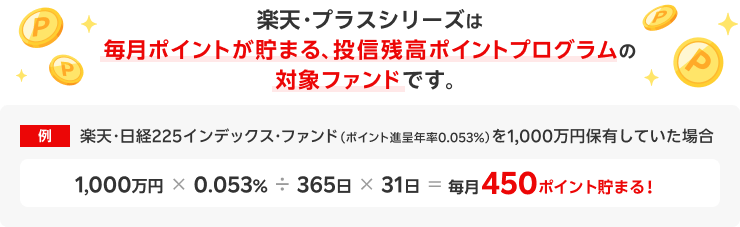 楽天・プラスシリーズは毎月ポイントが貯まる、投信残高ポイントプログラムの対象ファンドです。例 楽天・日経225インデックス・ファンド（ポイント進呈年率0.053%）を1,000万円保有していた場合1,000万円×0.053%÷365日×31日＝毎月450ポイント貯まる！