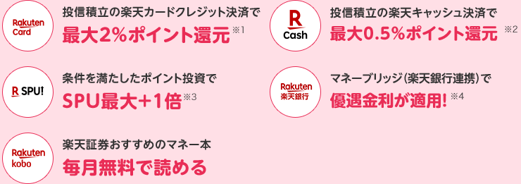 投信積立の楽天カードクレジット決済で最大2％ポイント還元※1 投信積立の楽天キャッシュ決済で最大0.5％ポイント還元※2 条件を満たしたポイント投資でSPU最大＋1倍※3 マネーブリッジ(楽天銀行連携)で優遇金利が適用！※4 楽天証券おすすめのマネー本毎月無料で読める