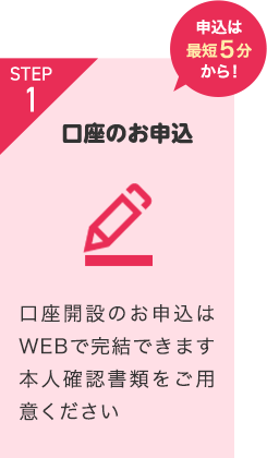 STEP1 申込は最短5分から！ 口座の申込 口座開設のお申込はWEBで完結できます 本人確認書類をご用意ください