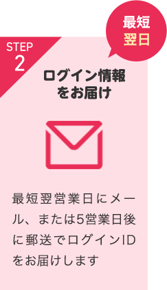 STEP2 最短翌日 ログイン情報をお届け 最短翌営業日にメール、または5営業日後に郵送でログインIDをお届けします