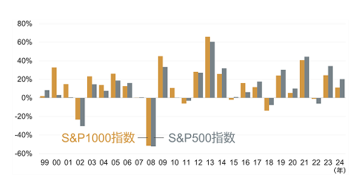 S&P1000指数の毎年の騰落率 期間：1999年1月4日～2024年8月30日