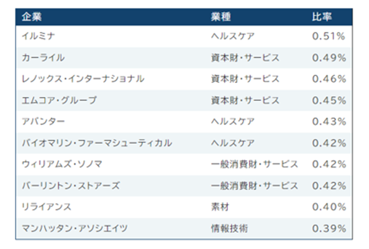 S&P1000指数の構成上位10銘柄（2024年8月末現在）